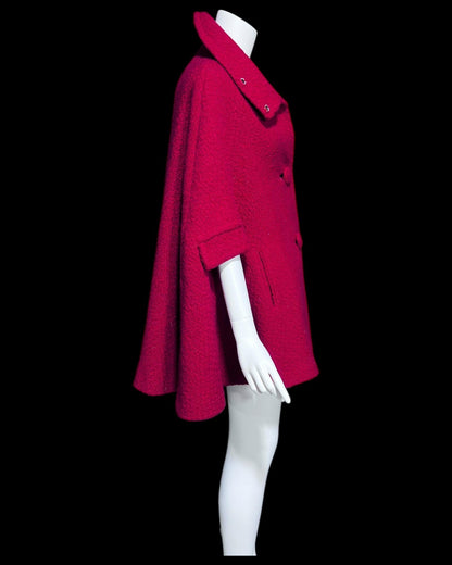 FRANKLIN SIMON, 1960s Mod red swing cape jacket, nubby wool button front car coat