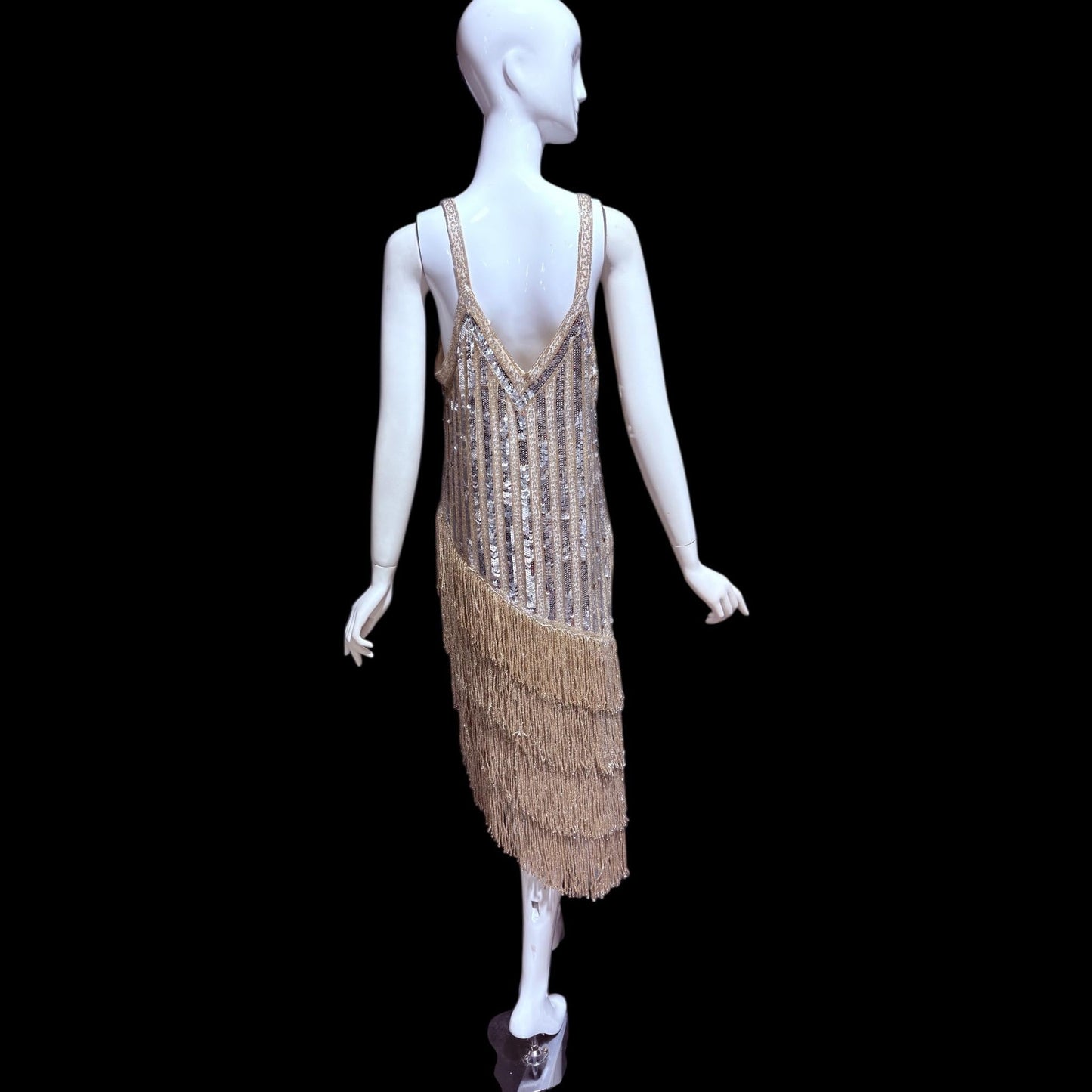FRANK USHER vintage 1980s evening dress, Silver sequin and fringe cocktail flapper slip dress