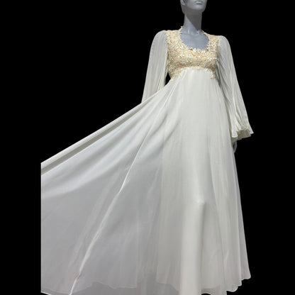 1970s vintage Wedding dress gown, White pleated bell sleeve gown, Hippie Bohemian dress