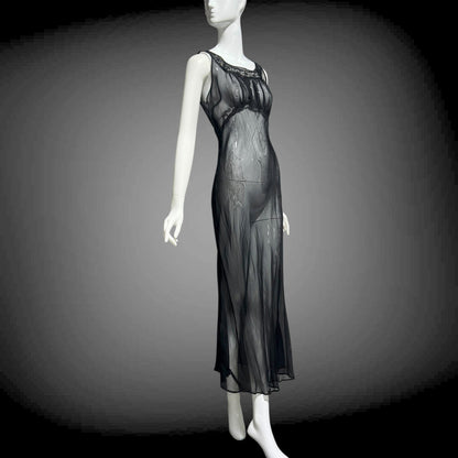 1930s vintage Nightgown slip dress, sheer sultry black night dress, bias cut with lace