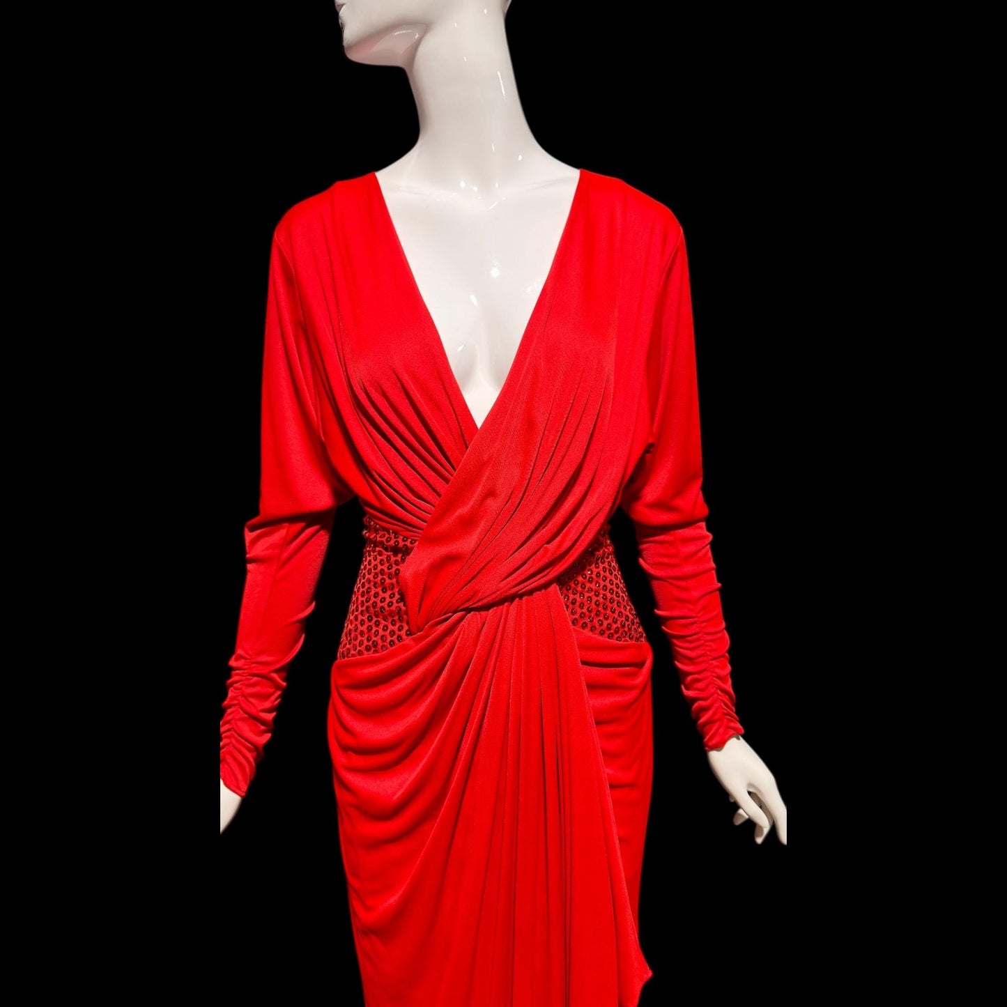 TADASHI Vintage evening dress gown, 1980s glam red sequin sarong gown