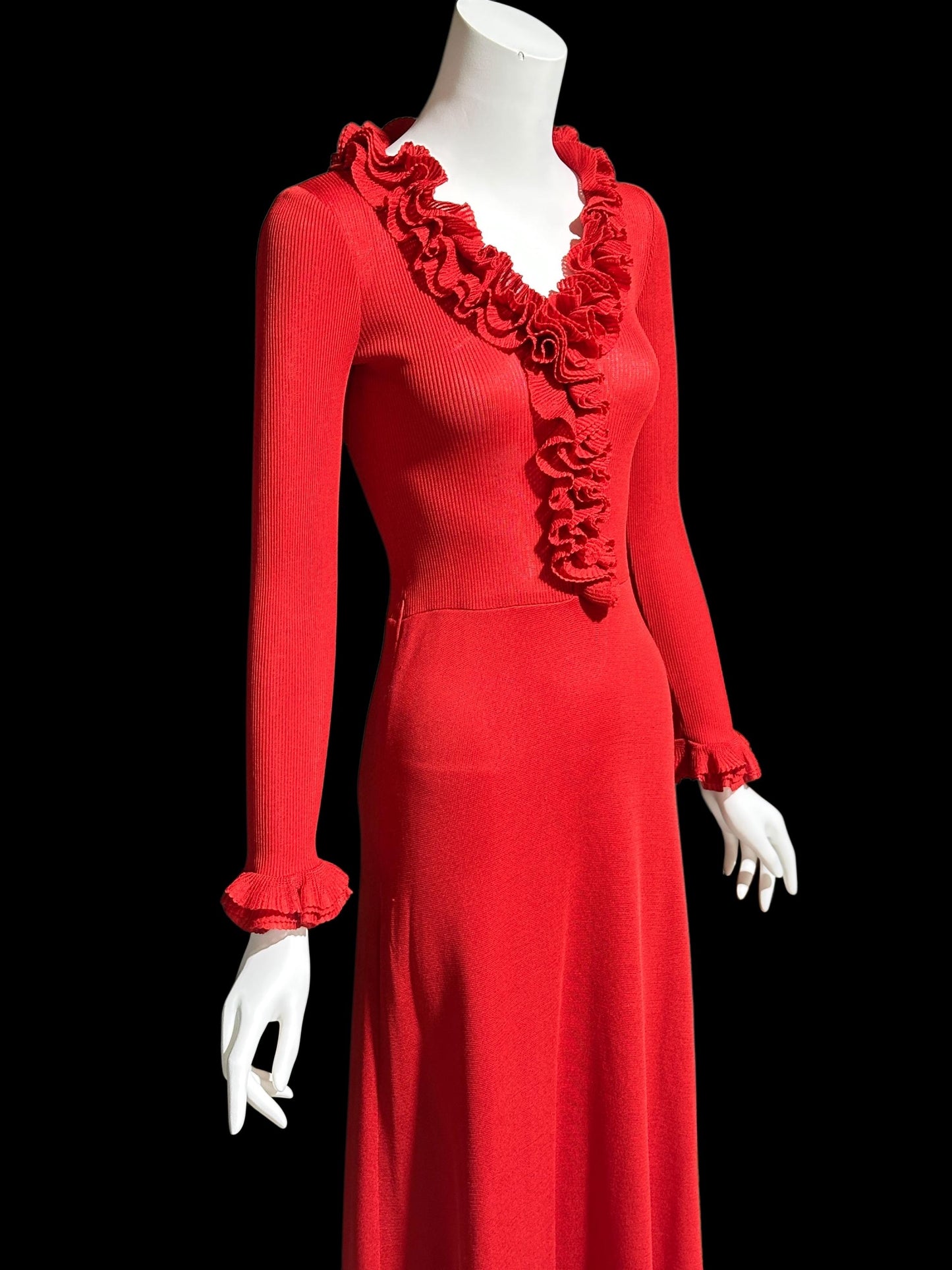 YOUNG DIMENSIONS for SAKS, vintage 1970s red knit maxi dress