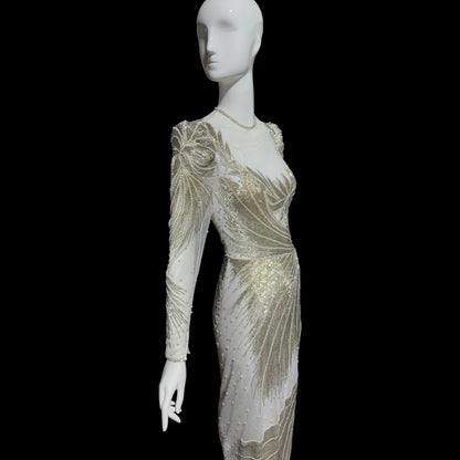 CARLOTA ALFARO, vintage 1970s evening gown dress, White mesh with silver and white beads sheath dress