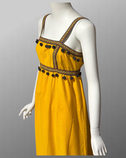 1970s vintage pom pom dress, Mango Yellow Cotton Casual Sundress
