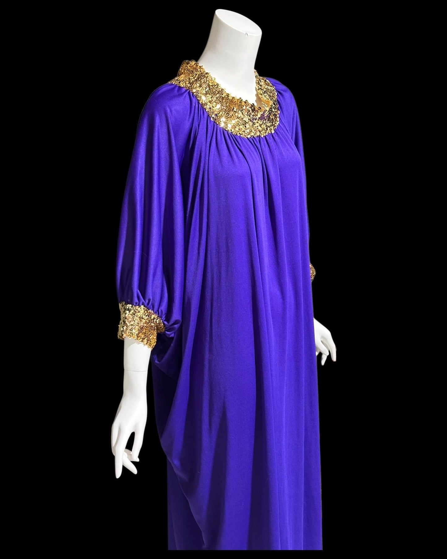 1970s vintage caftan dress, purple polyester batwing and sequin hostess evening dress