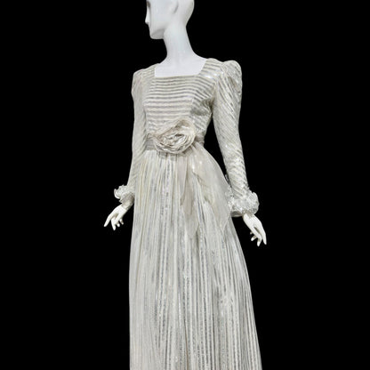 KAY KIPPS Vintage 1970s Evening Dress Gown: silver metallic gall gown long dress