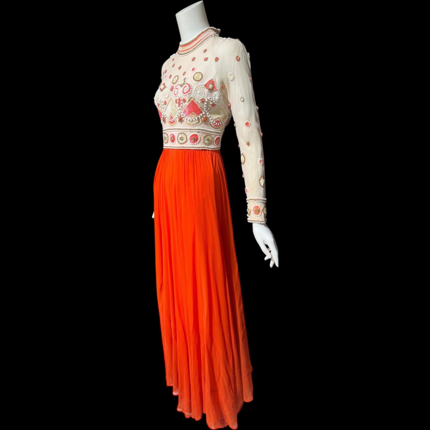 DARNELL OF LONDON, vintage 1960s evening dress, Orange beaded chiffon gown