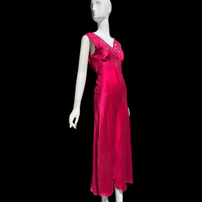 PEONY vintage 1950s Silk Nightgown Slip Dress: Made in SHANGHAI Embroidered Magenta bias cut gown