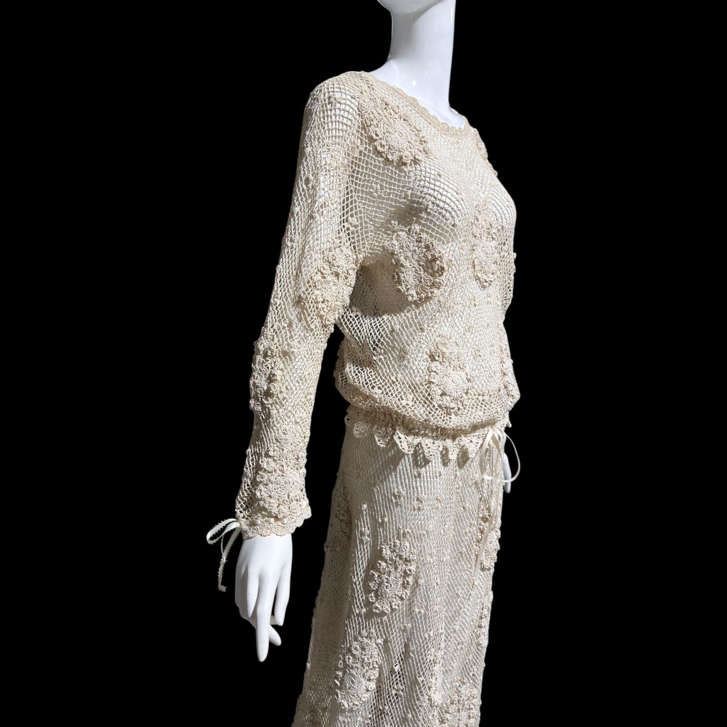 1970s vintage crochet dress, 2 pieces, Cotton blouson top & maxi skirt
