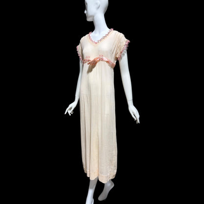 1920s vintage nightgown dress, Romantic Dusty pink cotton gauze muslin lingerie dress with needlework