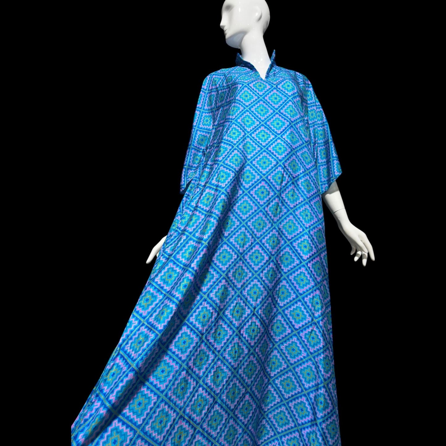 RAKSHA vintage 1970s Silk Caftan dress, Blue and green silk Hippie Boho Maxi Dress