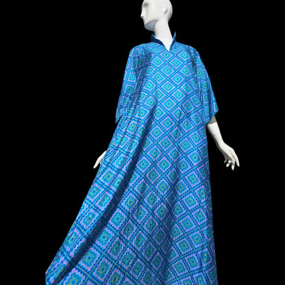 RAKSHA vintage 1970s Silk Caftan dress, Blue and green silk Hippie Boho Maxi Dress