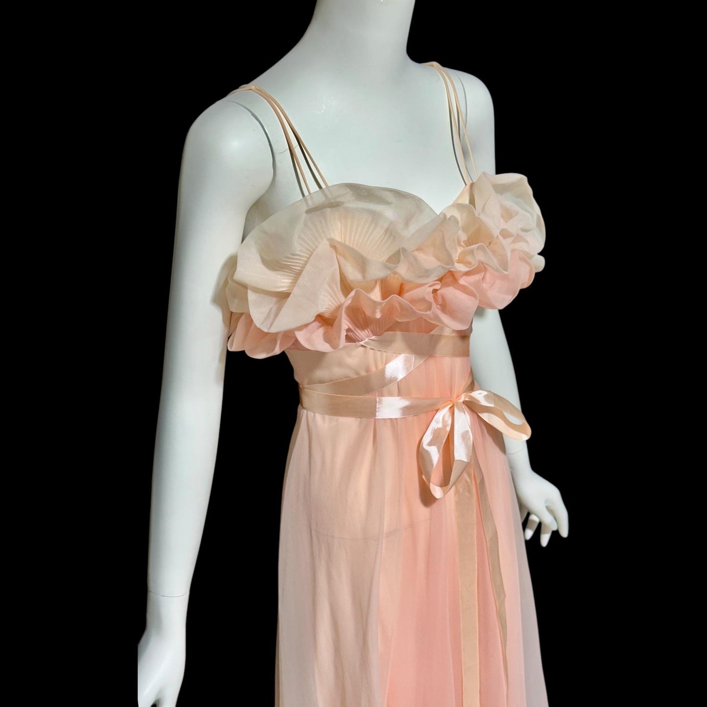 VANITY FAIR, vintage 1950s nightgown slip dress, peaches and cream sheer chiffon ruffles Grecian goddess gown