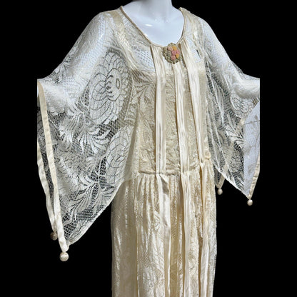 1920s Antique vintage wedding dress, Handmade candlelight white silk and lace slip dress with scarf sleeves, bridal flapper dress