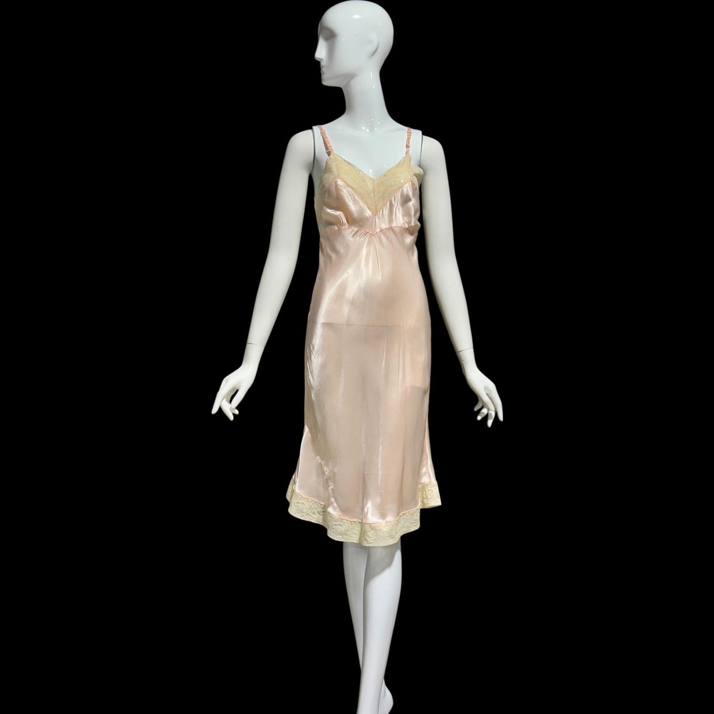 1930s Vintage Peach Slip Dress: Shiny silky Rayon Nightgown lingerie, Lace Trim