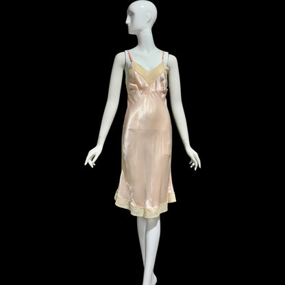 1930s Vintage Peach Slip Dress: Shiny silky Rayon Nightgown lingerie, Lace Trim