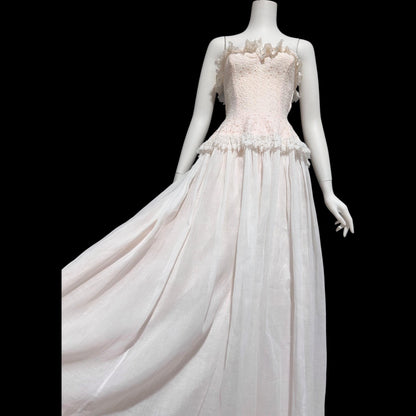 1940s vintage dress gown, soft petal pink and white cotton eyelet, with white organdy evening wedding gown