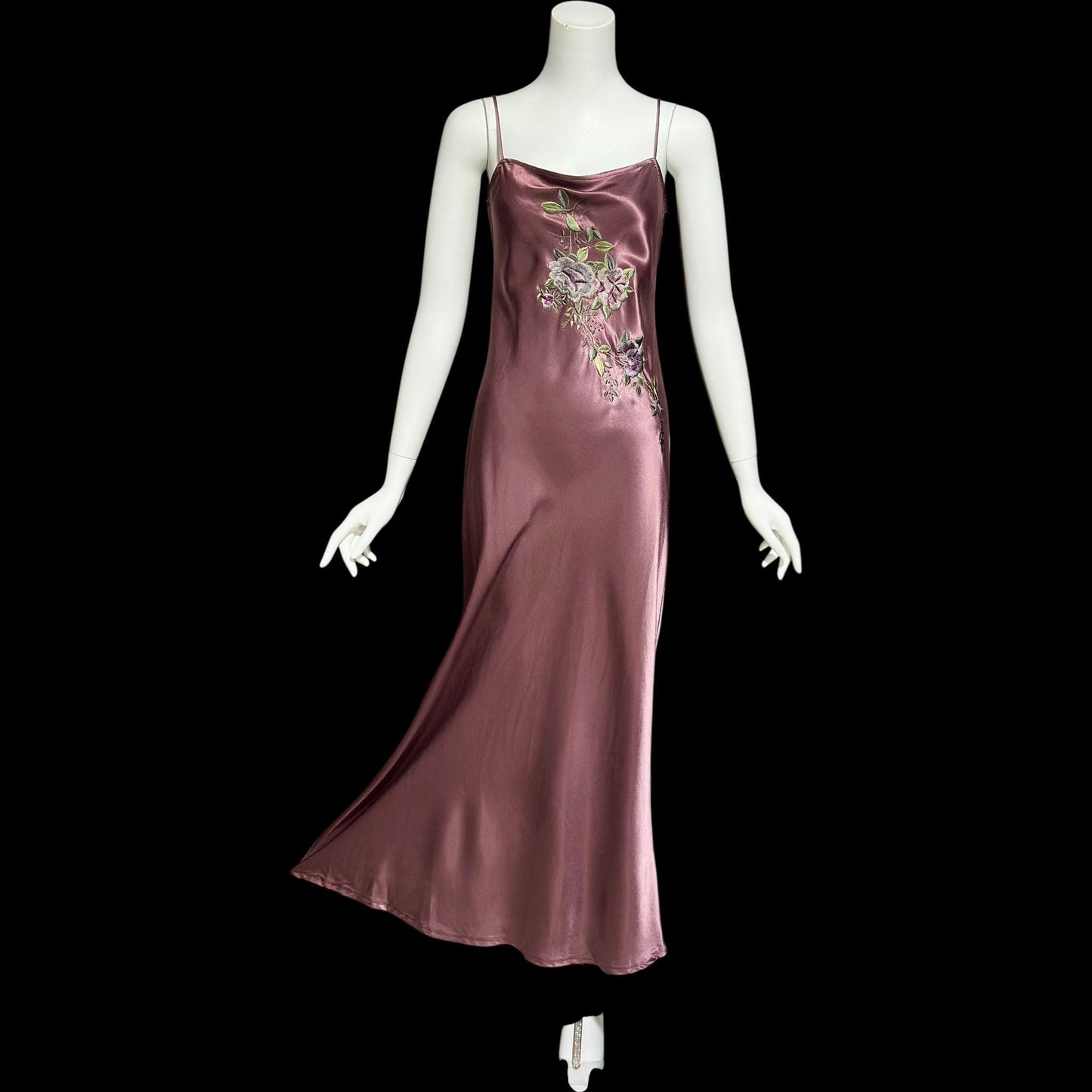 BONNIE STRAUSS vintage 1990s evening slip dress, shiny satin bias cut sheath embroidered 1940s style gown