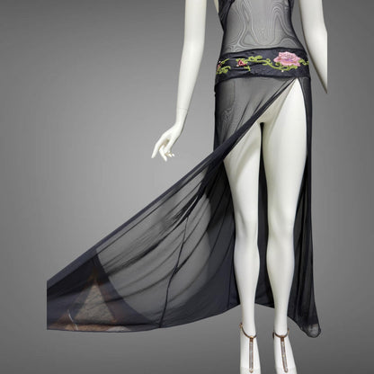 JACALYN BENNETT for FREDERICK'S of Hollywood, vintage Y2K nightgown slip dress, black silk and mesh
