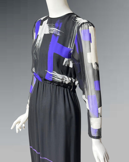 HANAE MORI for MARTHA Palm Beach, vintage 1970s chiffon evening gown, black and purple sheer blouson