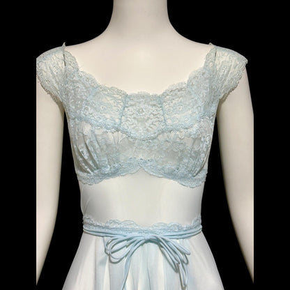 VANITY FAIR, vintage 1950s Nightgown Slip Dress, Sheer Powder Blue Nylon Lace House Dress