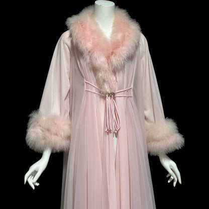 LUCIE ANN Claire Sandra dressing gown robe, vintage 1960s frothy pink full sweep marabou gown