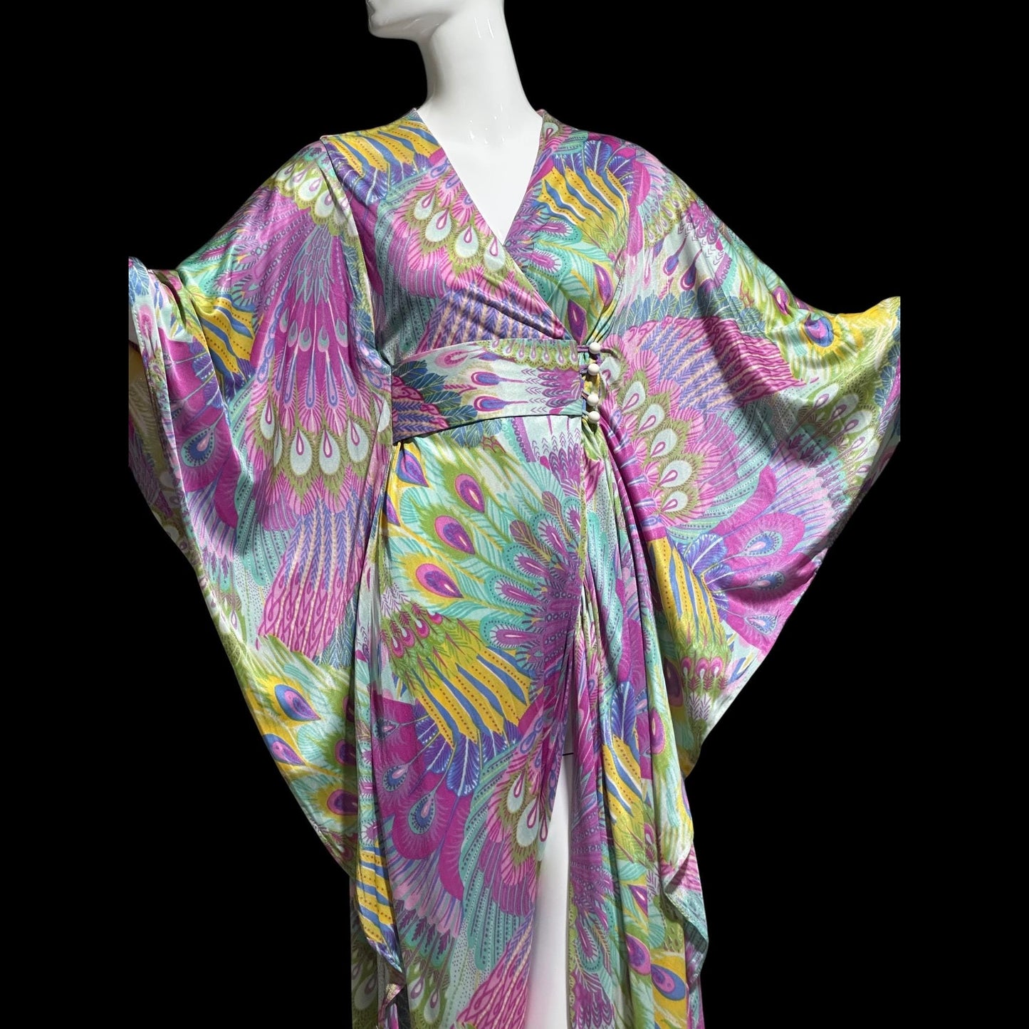 FREDERICK'S of HOLLYWOOD vintage 1970s caftan dress, psychedelic nylon Op Art kaftan House Dress