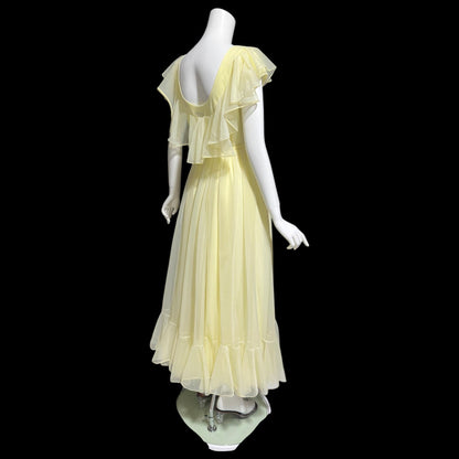 LUCIE ANN Claire Sandra, 1960s Marshall Field daffodil yellow full sweep ruffled nightgown, grecian wrap slip dress