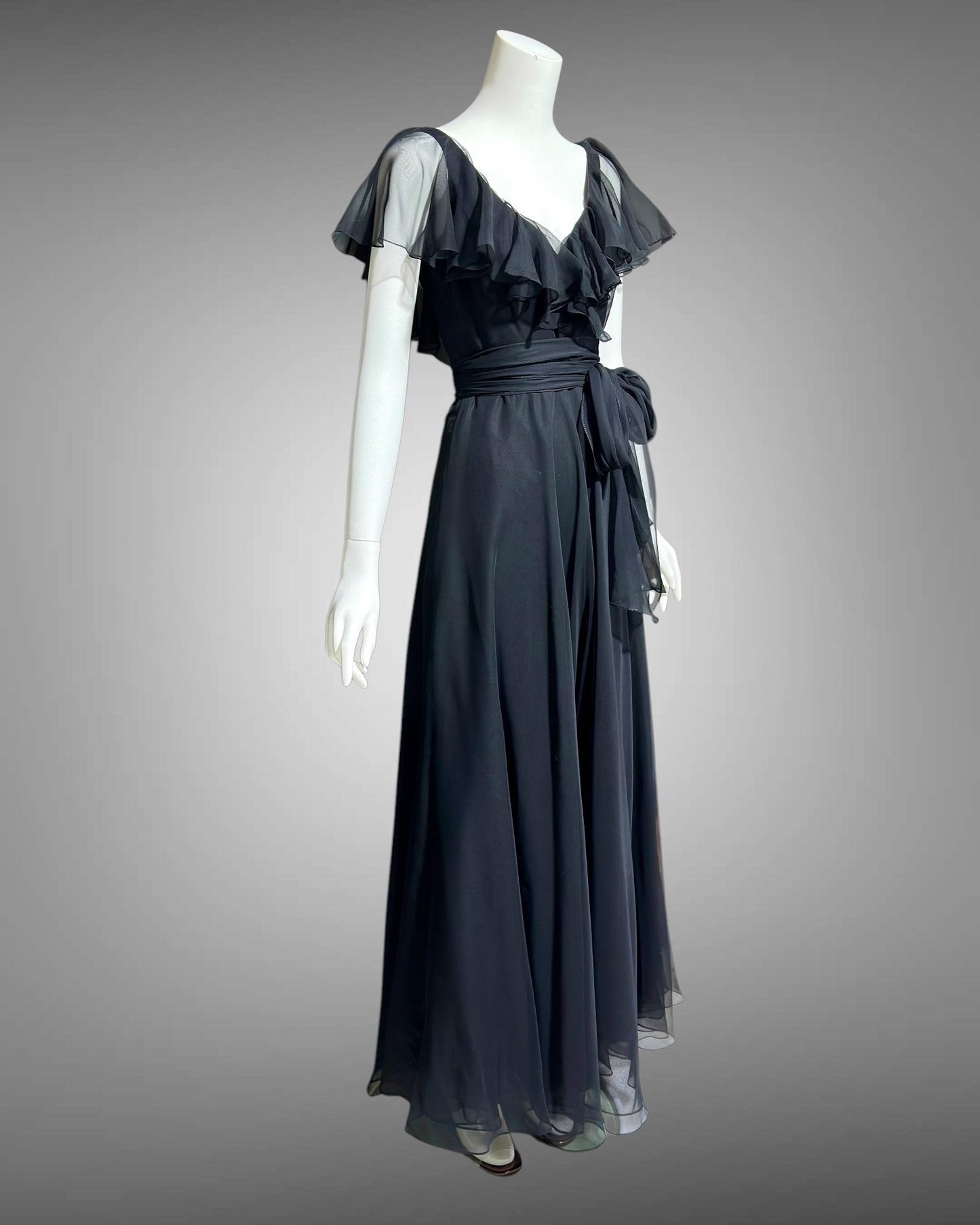 MOLLIE PARNIS vintage evening dress gown, 1970s black poly chiffon ruffled neckline scarf dress