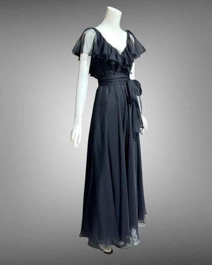 MOLLIE PARNIS vintage evening dress gown, 1970s black poly chiffon ruffled neckline scarf dress