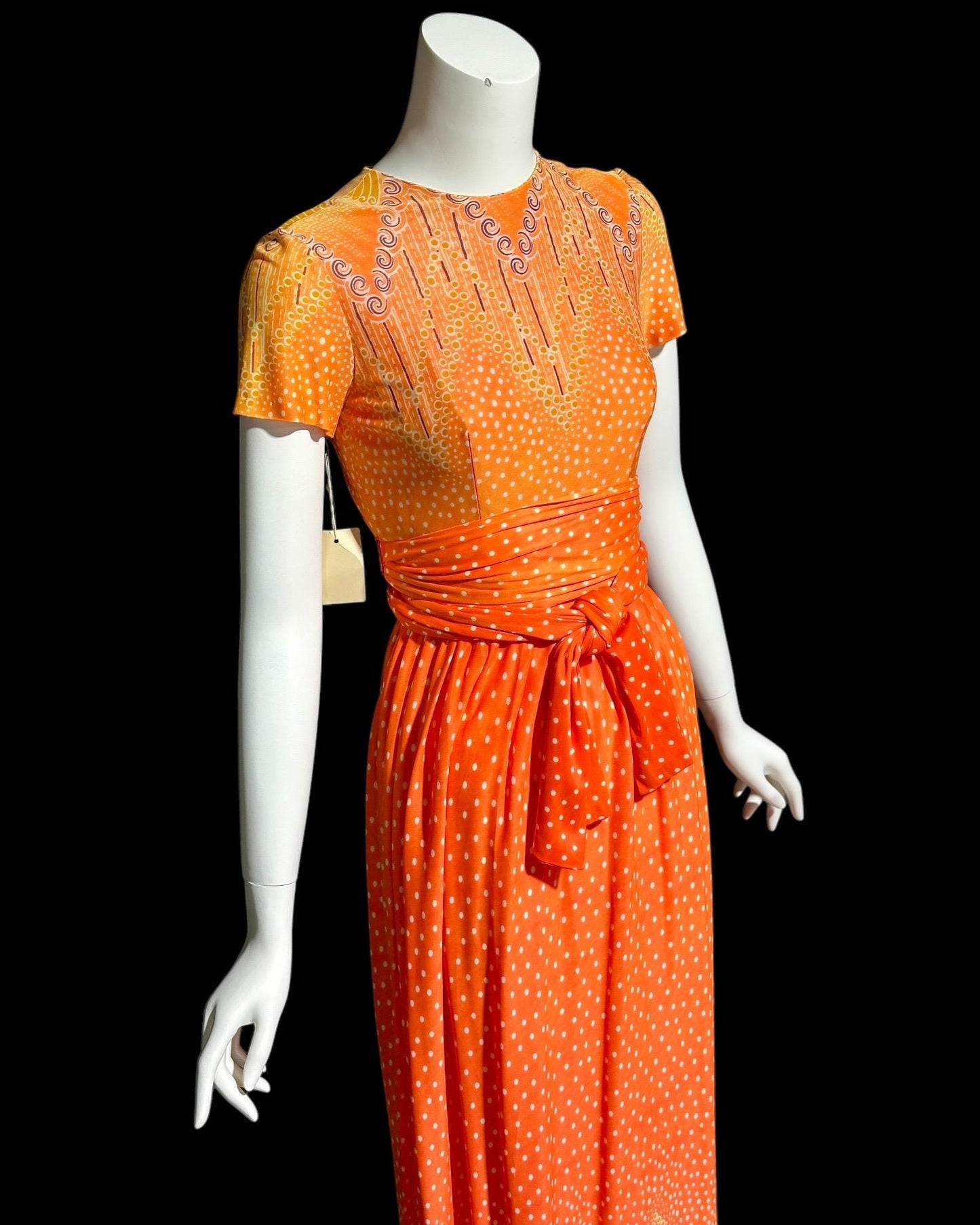 SARMI NY, Vintage 1960s Orange Op Art slinky knit maxi party dress