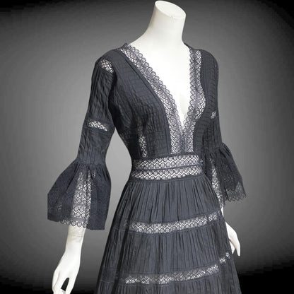 1970s vintage Mexican Wedding dress, Black cotton blend Deep V ball gown, long bell Sleeves, Maxi Hippie Bohemian gown