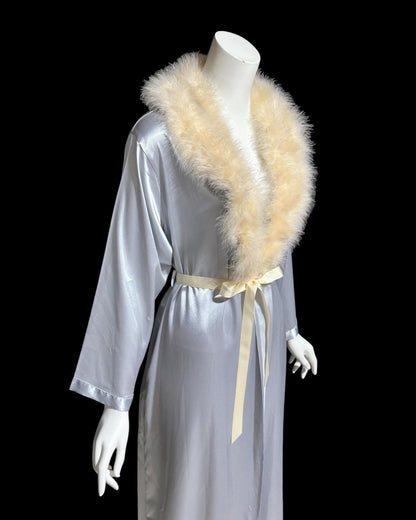 NATORI vintage 1980s dressing gown robe, shiny silver grey marabou feather trim peignoir housecoat