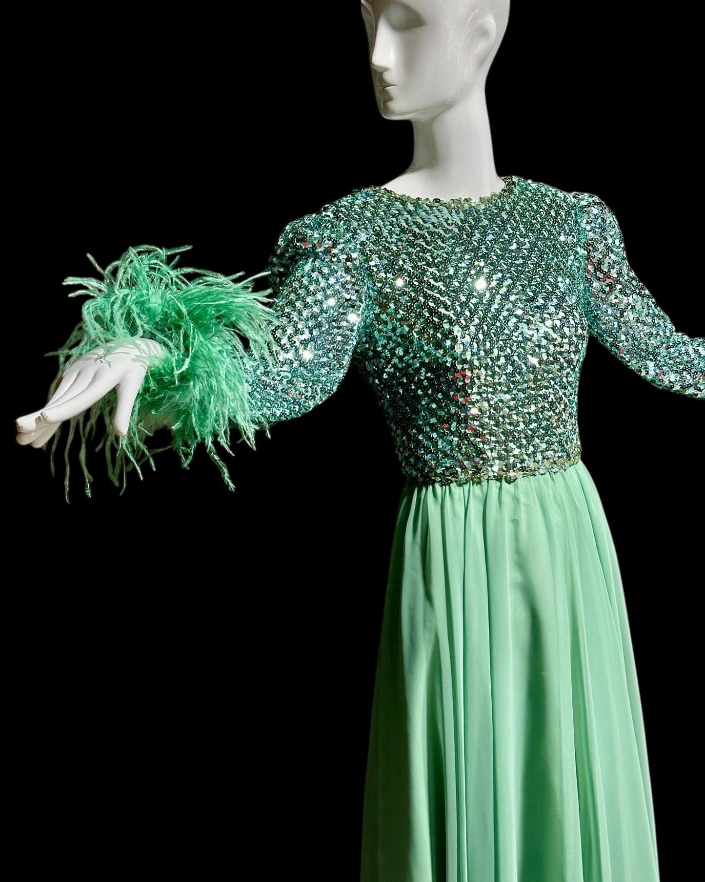 Custom Made, vintage 1970s evening dress gown, sea green chiffon and sequin ball gown with Ostrich Feathers