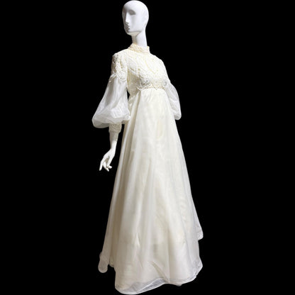 EMMA DOMB vintage wedding dress gown, 1960s white Queen Anne High Neck Juliet Puffed Sleeve Romantic Bride