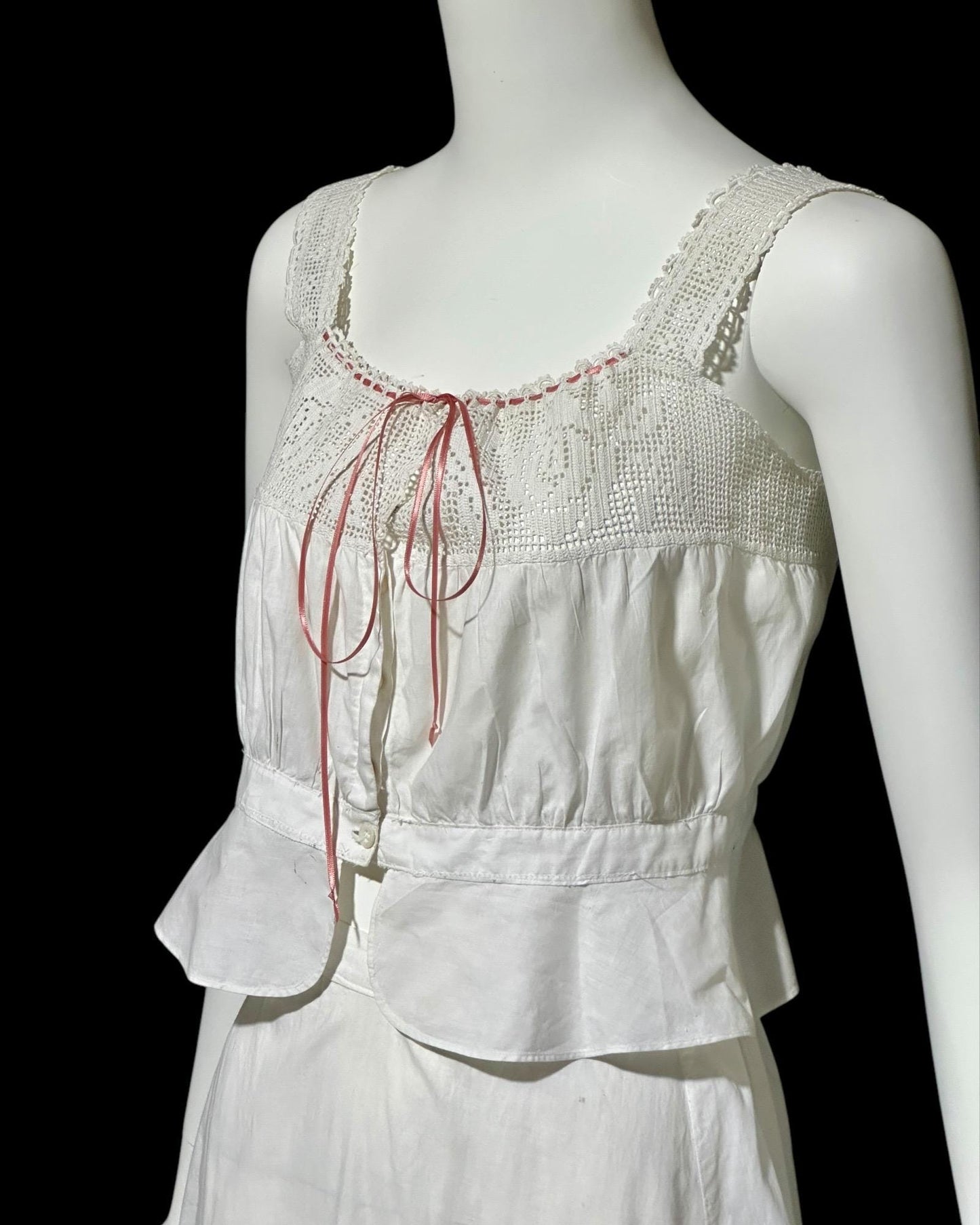 Antique Edwardian 1900s white cotton and lace camisole and skirt set, 2pc lingerie set, top and petticoat