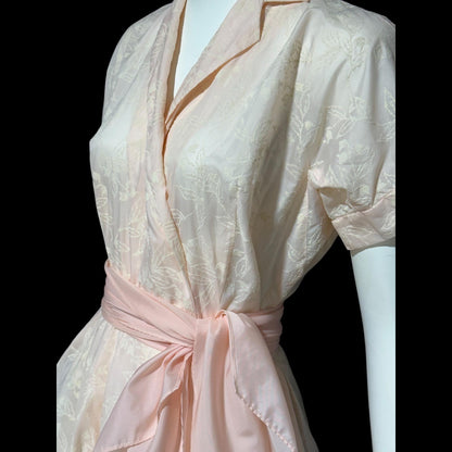 SAKS FIFTH AVENUE vintage 1950s dressing gown house dress, pink flocked floral wrap dress