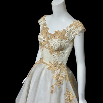 PEGGY HUNT, vintage 1950s dress, white and ecru lace rhinestones fit and flare cocktail party formal wedding dress, 34 bust