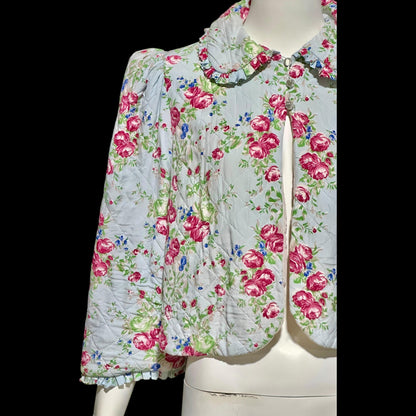 1930s vintage quilted bed jacket, blue satin with rose print short night robe