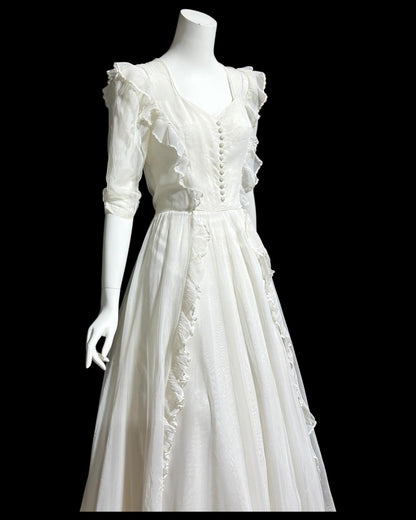 1940s vintage evening dress, White mesh ruffle wedding prom dress with full skirt