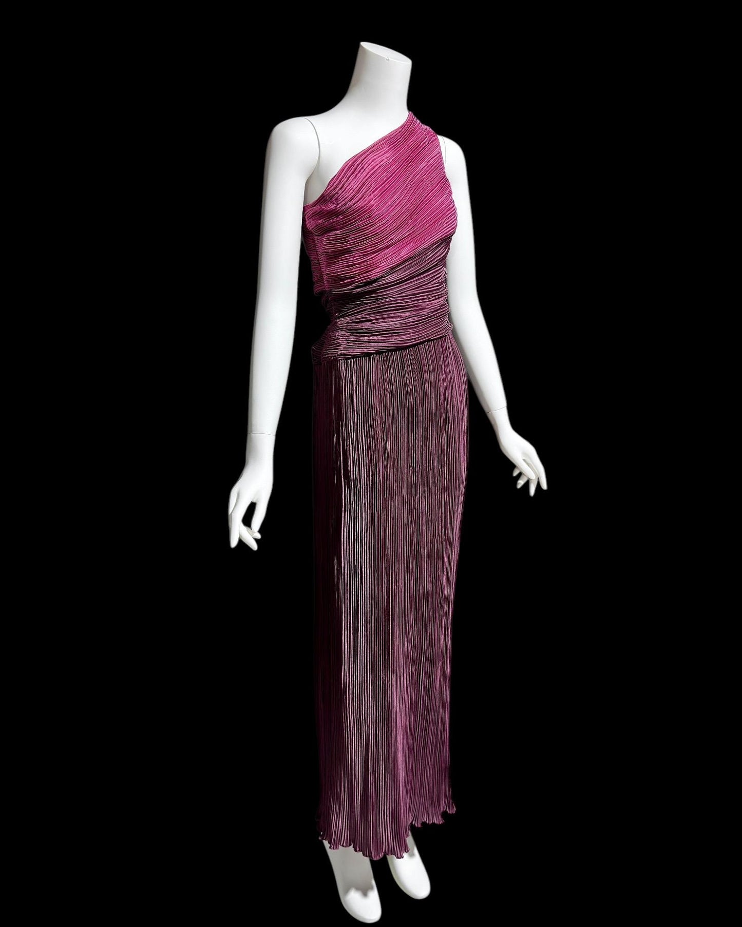 JERI vintage evening dress gown, 1970s one shoulder draped pleated formal gown, raspberry and plum grecian goddess gown