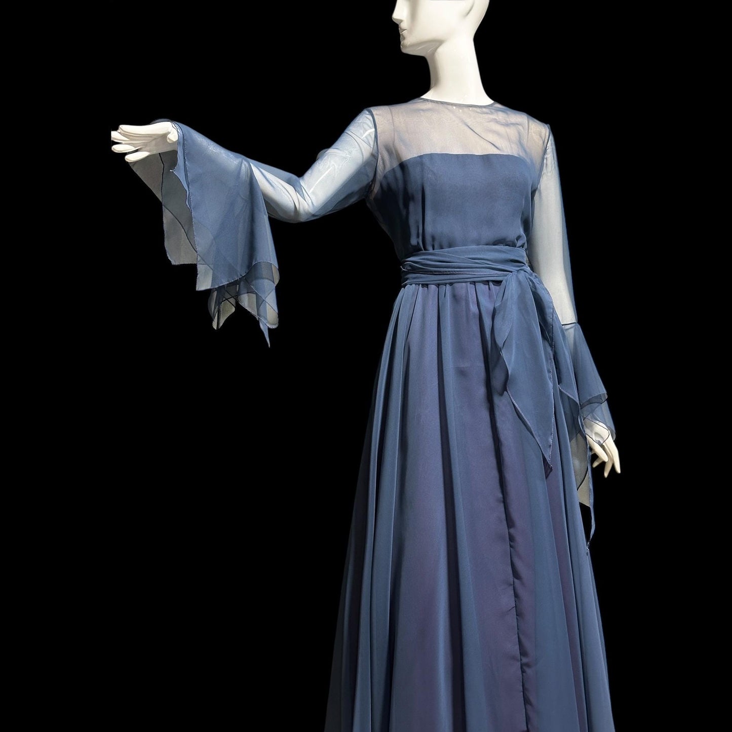 KIKI HART vintage 1960s evening dress, dusty blue poly chiffon gown, Scarf Sleeves