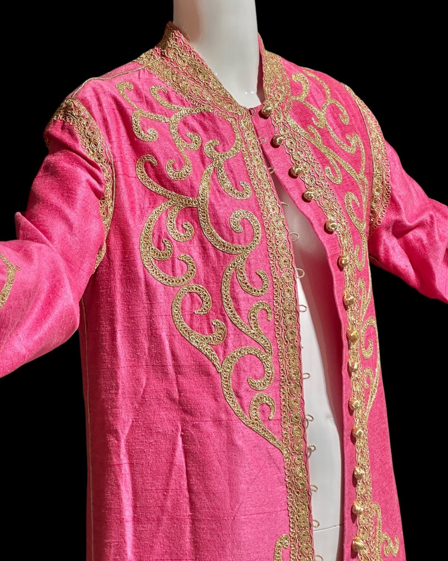 MOURJANA vintage 1960s raw silk Moroccan caftan dress, Hand Made Hot Pink and gold metallic embroidered Kaftan