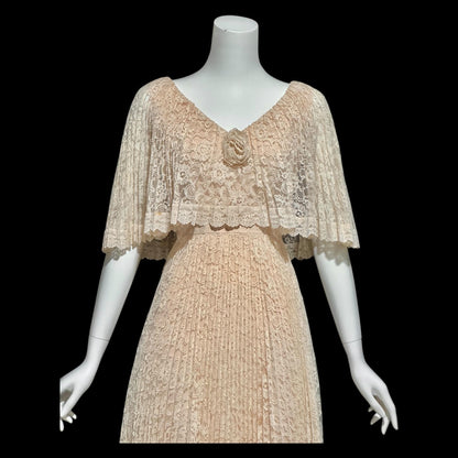1970s vintage evening dress, peachy lace pleated dress, ruffled cape collar hippie boho chic evening gown, 36 bust