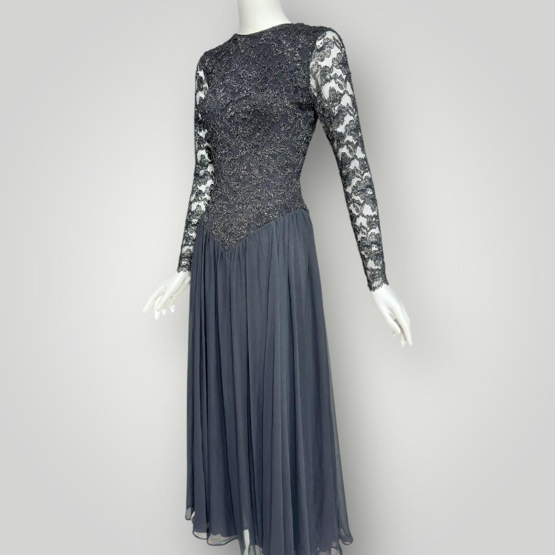 JOHN CHARLES vintage 1980s evening dress, black stretchy lace Jersey Knit with chiffon skirt