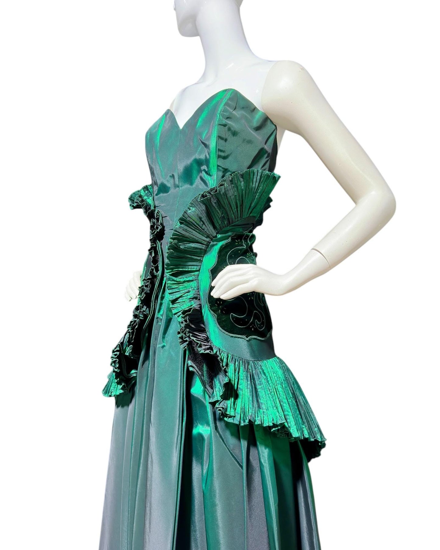 BLUME, vintage 1980s prom dress, Forest Green satin and ruffles, strapless cocktail party dress