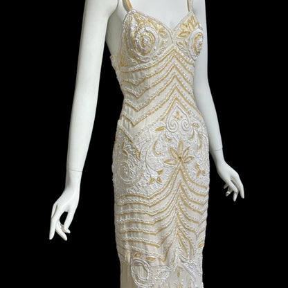 EVA HAYNAL FORSYTH, Vintage 1990s evening wedding dress, off white beaded sequins mermaid sheath slip dress gown