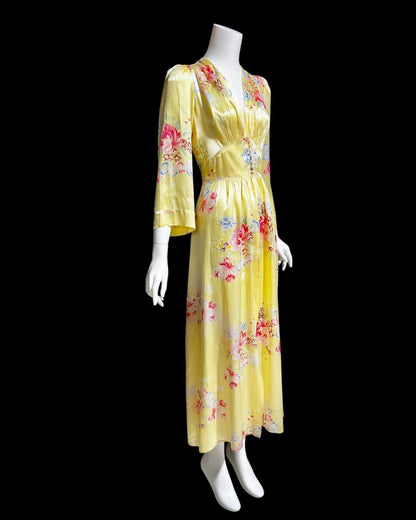 RADCLIFFE vintage 1940s satin dressing gown, yellow and pink floral satin button front housecoat
