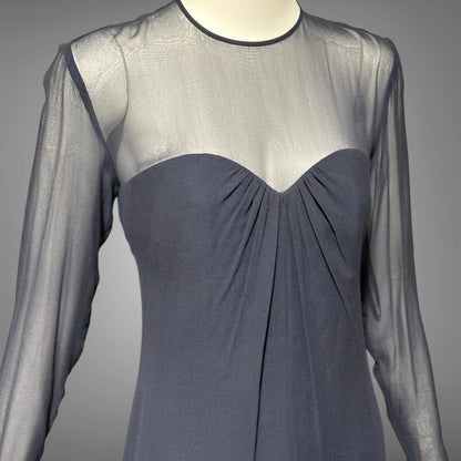 JEAN-LOUIS SCHERRER, vintage 1980s evening cocktail dress, navy blue sheer silk dress