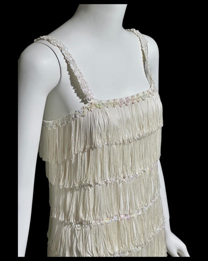 1960s vintage white fringed evening dress gown, column dress with sequins